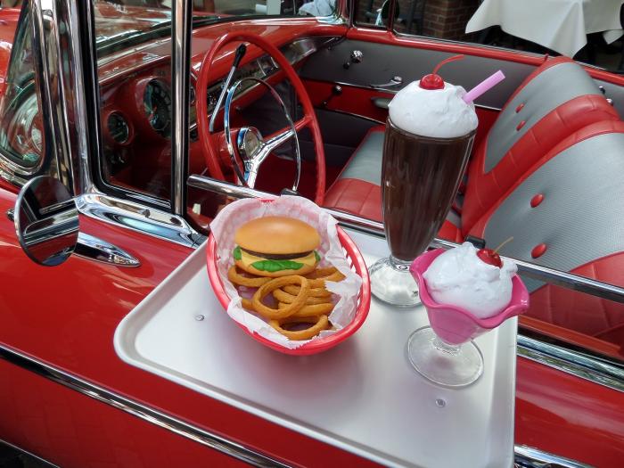 Vintage car with snacks at the drive in movie theater