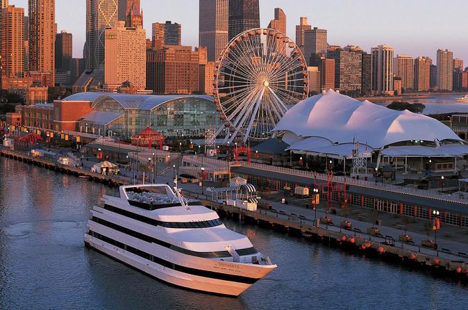 Chicago Odyssey, a luxury yacht that offers cruises with multi-course meals, departing from its dock at Navy Pier