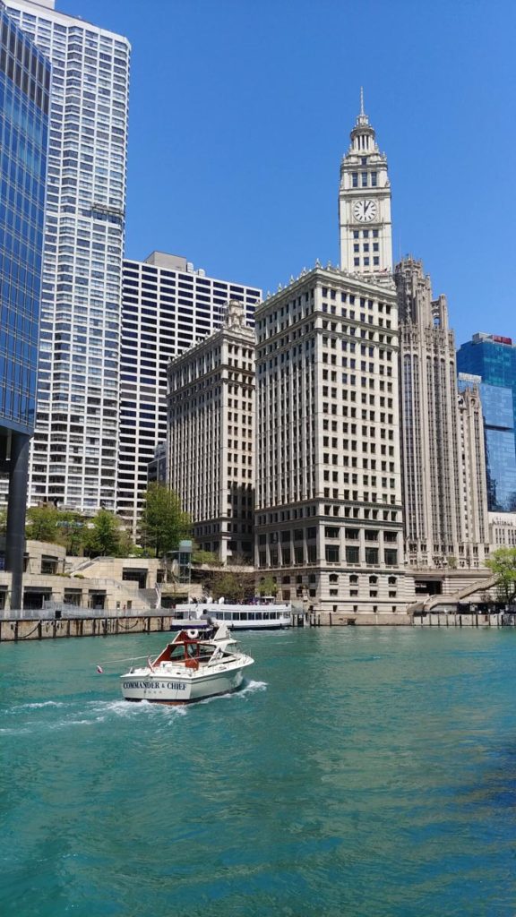 View of Wrigley Building from the Chicago Riverwalk, one of many things to do in Chicago