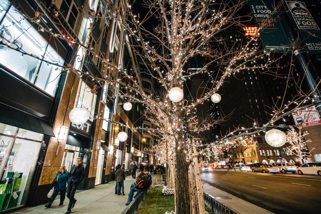 Trees strewn with white lights along Michigan Avenue Chicago