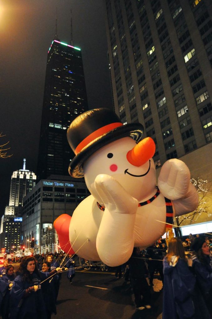 Snowman float in the Magnificent Mile Lights Parade