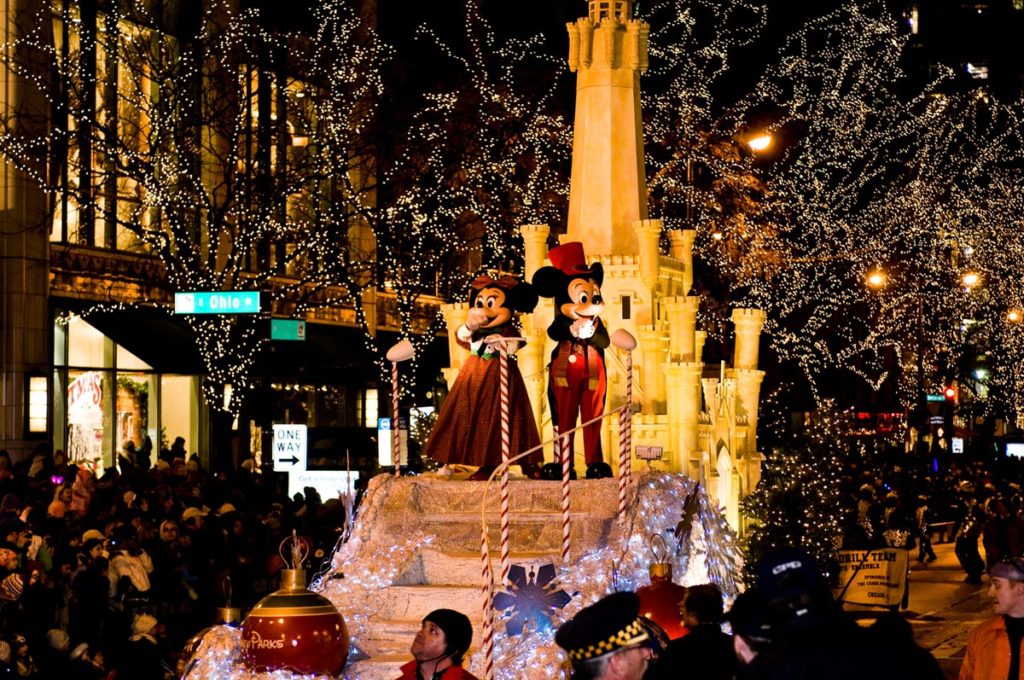 Micky Mouse and Minnie Mouse are Grand Marshals of the Magnificent Mile Lights Festival parade in Chicago