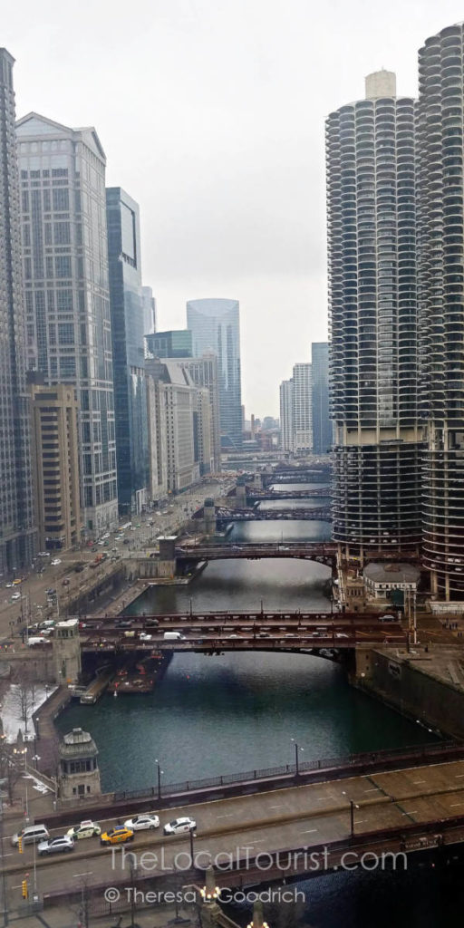 View of bridges across the Chicago River from the lobby of LondonHouse