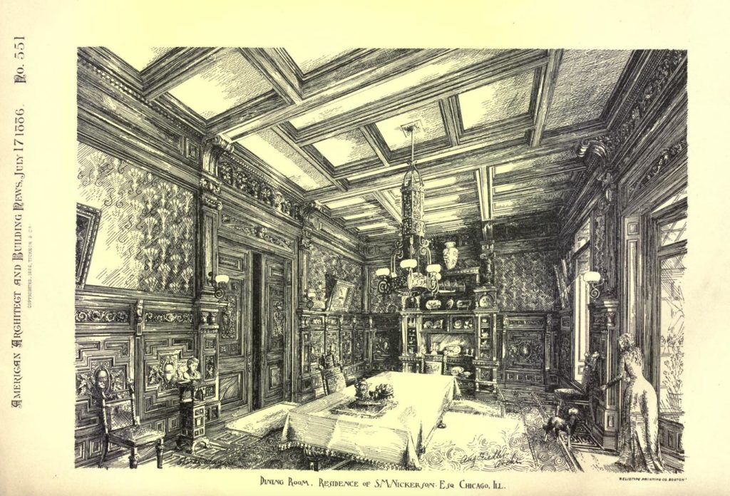 Woodcut of the dining room of Samuel Nickerson, 30 E. Erie St. Chicago, IL. Interior woodwork and decoration by Addison and Fiedler, architects