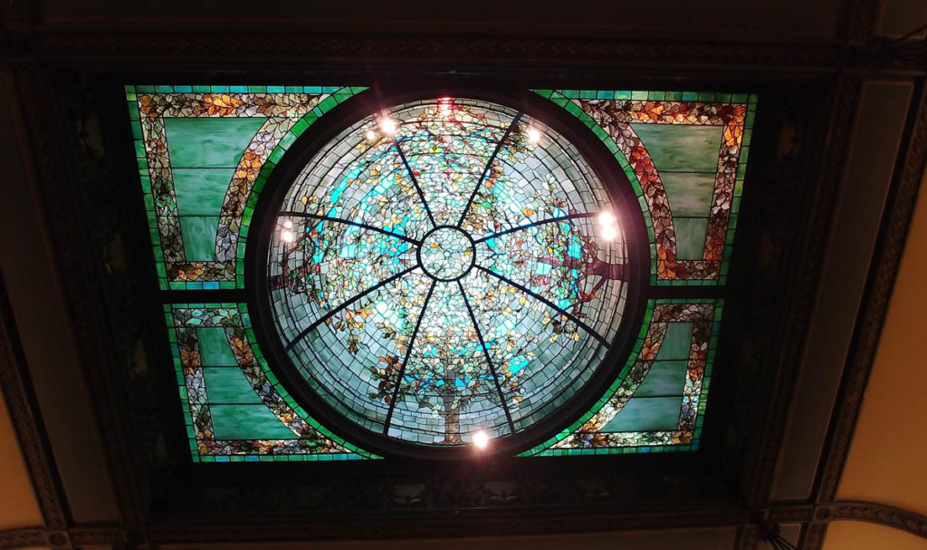 Multi-colored stained glass dome in the former library of the Nickerson Mansion