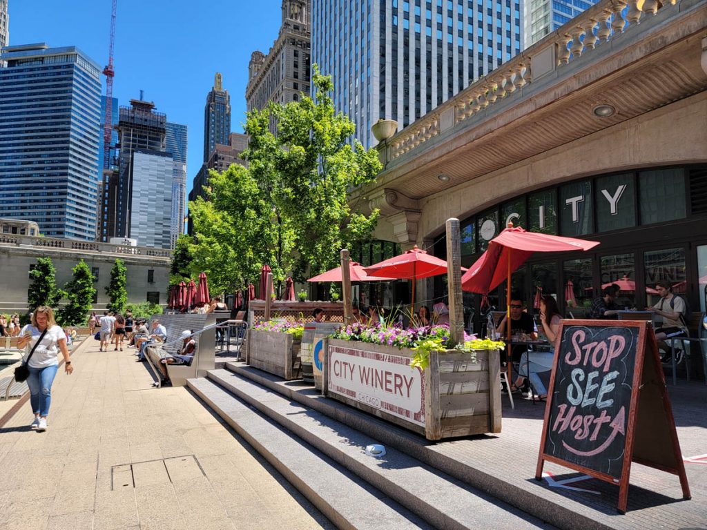 City Winery offers locally-made wine and live music on the Chicago Riverwalk with a view of Marina Towers