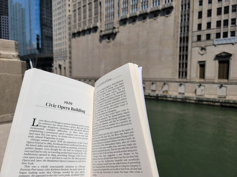 Living Landmarks of Chicago at the Chicago River and the Civic Opera Building